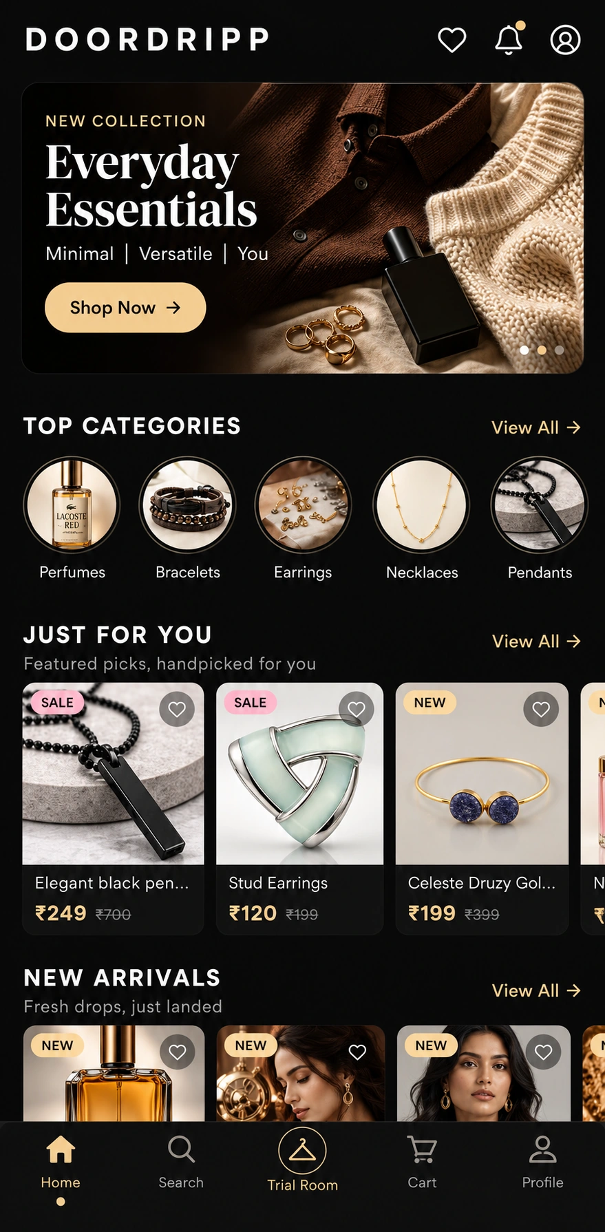 DoorDripp mobile shopping app featuring collections, product picks, new arrivals and bottom navigation